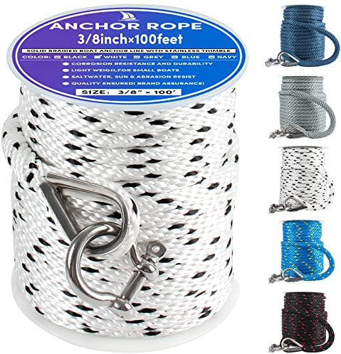 Premium Anchor Rope 100 ft x 3/8 inch, Solid Braid MFP Anchor Line Boat Rope Marine Rope,Boat Anchor Rope with Thimble & Shackle - White/Black