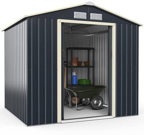 GOPLUS 4,1㎡ Abri de Jardin Métal, Cabine de Jardin Extérieur Portes Coulissantes, Cabane de Rangement Outils, 213 x 191 x 195 cm, Gris