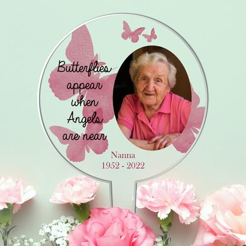 Personalised Memorial Acrylic Grave Stakes - Custom Plaque for Loved Ones Heartwarming Memorial Tribute for Ground Placement (Pink Butterflies)