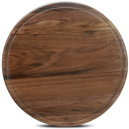 MAGIGO Tagliere rotondo in legno di noce da 35,5 cm, per cucina, tagliere in legno con scanalature per succhi