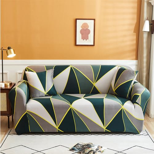 Hiseng Élastique Housse de Canapé, Géométrie Housse Canapé 4 Places, Universel Couvre Canapé avec Accoudoir, Antidérapante Revêtement de Canapé (3 Places,Gris Vert)