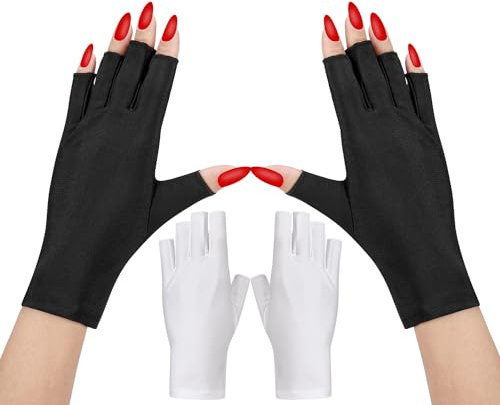 Alainzeo 2Pairs UV Gloves for Nails, Premium UV Gloves for Nail Lamp, Professional Anti UV Fingerless Glove Nail Lamp for Manicures Nail Art (Black, White)