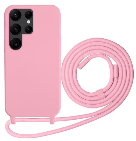 Beajew Coque Compatible avec Samsung Galaxy S22 Ultra Silicone Case, Couleurs de Bonbons Cover Silicone Antichoc, Coque Protection Antichoc avec Cordon Réglable Téléphone Case, Rose