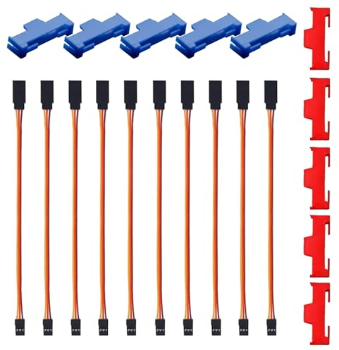 GTIWUNG 10 Stück Seitliche Schnallenclip Rot & Blau, Servo Clip Sicherung Clip Kabelschnallenclip, für Servokabel Stecksystem + 10 Stück RC Servo Verlängerungskabel 15CM 60 Kerne Servo Kabel