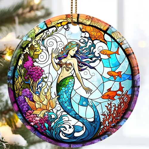 Jocidea Meerjungfrau-Ornament, Meerjungfrau-Weihnachtsdekoration, 7,1 cm Keramik-Weihnachtsdekoration, Meerjungfrau-Weihnachtsbaumschmuck, Urlaubsdekoration, Geschenk, Meerjungfrau-Themen-Geschenke,