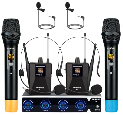 ZERFUN Pro Wireless Microphone System 4 Channel, UHF Metal Cordless Handheld Headset Lavalier Lapel Mics for Church Karaoke Singing, 4x50 Adjustable Frequency(G8 Battery 2 Handheld 2 Bodypack)