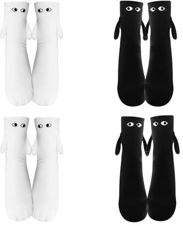 Zehan Zitong 4 Paar Magnetische Socken für Paare, Lustige Magnetische Socken mit Händen,Pärchensocken,Freundschaftssocken,Hand in Hand Socken,Geschenke für Unisex Frauen Männer（Schwarz + Weiß）
