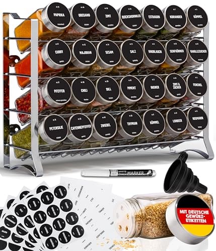 Deco haus® Porta Spezie per Cucina - Portaspezie con 28 Barattoli Spezie, Portaspezie Salvaspazio, Set Cucina 28 Vasetti di Spezie, 144 Etichette Spazzola Imbuto Ganci - Design Indipendente o da Paret