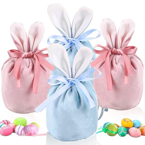 ZZRSYJ 4 Stück Osterhasen Taschen, Osterhasen-Geschenkbeutel, Osterbeutel Samt, Ostertasche mit Ohren, Samt Säckchen mit Ohren, Wiederverwendbar Ostertüten zum Befüllen, Ostern Geschenktüten