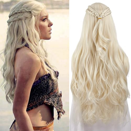 PORSMEER Drachenkönigin Cosplay Perücke für Khaleesi Lange lockige gewellte Zöpfe Haarperücken für Frauen Kostüm Halloween Party(Hellblond)