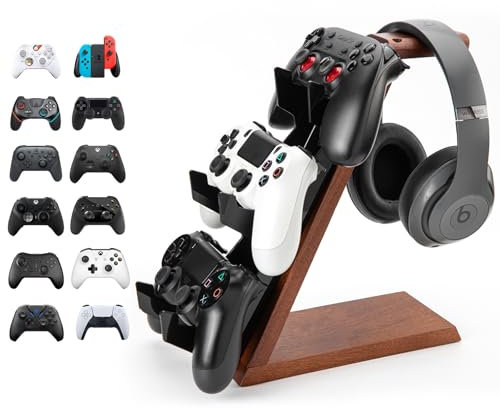 HEWYIOS 3-stöckiger Holz-Ständer, kompatibel mit PS4, PS5, One-Switch, PS5-Controller-Halterung, Headset, PC-Gaming-Zubehör, Videospiel-Controller-Halter für Schreibtisch (braunes Holz)