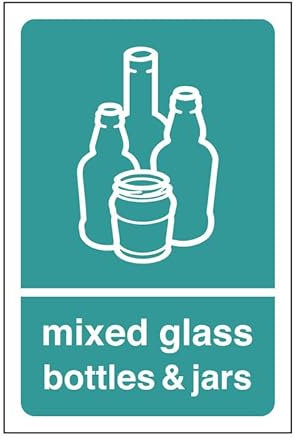 Mixed glass bottles & jars - safety signs(Pack of 2) - High tack self-adhesive sticker (150mm x 100mm) Viewing Distance within 3m.