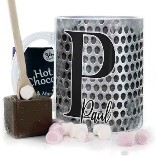 Personalised Mug and Belgian Milk Chocolate/Hot Chocolate Stirrer Marshmallow Gift Set, Custom (11oz) White Mug Customised with Initial Name, Grey Metal Cricle Grate Texture Print, Mug For Boys