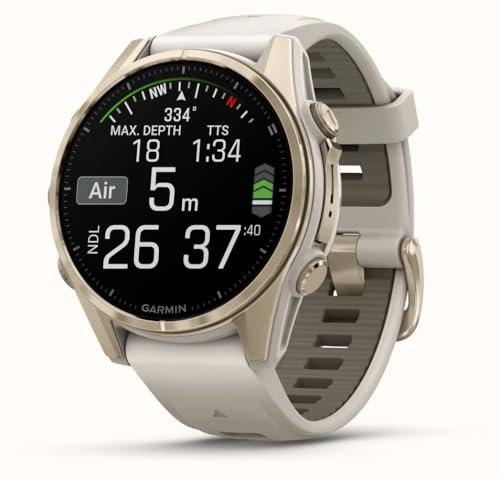 Garmin Fenix 8–43 mm, AMOLED, Saphir, weiches Gold mit Nebelgrau/Dunkelsandstein, Silikonband