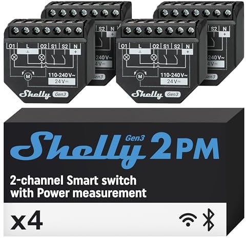 Shelly 2PM Gen3, Wi-Fi Interruttore Intelligente Relé, 2 Canali, 16А, Monitora il Consumo di Energia, Controllo Remoto e Automazione, Illuminazione, Nessun Hub Richiesto, Alexa, Google Home (4 pezzi)