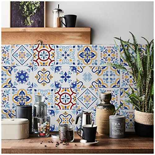 RwalkinZ Tile Stickers for Kitchen 24 pcs Bathroom Self Adhesive Water and Oil Proof Stick On Wall (15cm x 15cm, 6x6 inches) for Stairs for Tile Protect Wall Blue & White