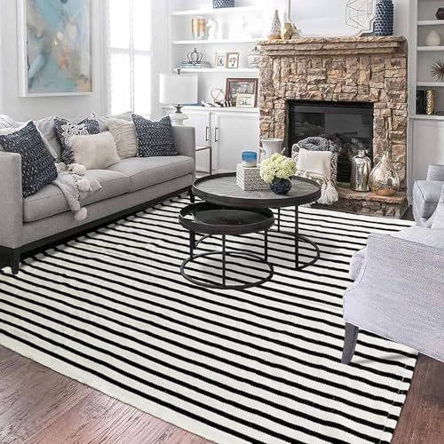 PANTSLINE Startseite Waschbarer Teppich Schwarz-Weiß Klassische Boho gestreifte Baumwollstoffteppiche für Veranda, Türmatte, Wohnzimmer, Schlafzimmer, Eingang, Küche, Waschraum, 90 x 150 cm