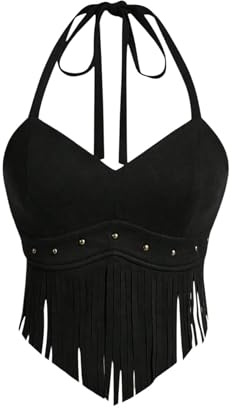 GORGLITTER Women's Asymmetrical Halter Tie Top Tassel Fringed Cowgirl Tops