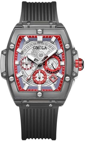 rorios Herren Durchsichtig Tonneau Armbanduhren Silikon Analog Quarz Uhren für Männer Multifunktional Mode Uhr wasserdichte Chronograph Herrenuhr Schwarz B