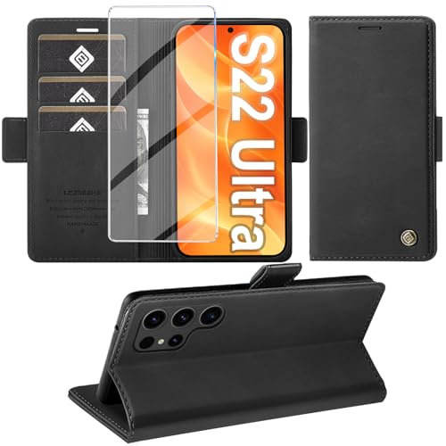 Cover per Samsung Galaxy S22 Ultra Custodia con Vetro Temperato, Premium PU Portafoglio Slot per Scheda RFID Antifurto Funzione Supporto Flip Case, Antiurto per Samsung S22 Ultra 5G Cover (Nero)