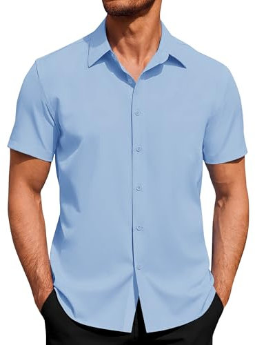 J.VER Mens Short Sleeved Shirts 4-Way Stretch Casual Shirt Regular Fit Non Iron Business Dress Summer Button Down Shirts Light Blue M