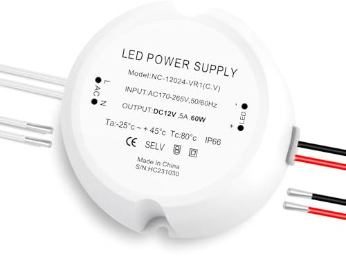 SOARFLY Trafo 230V auf 12V LED Trafo 12V 60W Rund LED Netzteil 12V 5A IP66 LED Transformator Konstantspannung Niedervolt, keine Mindestbelastung, kein Flimmern, kein Rauschen Für MR11 G4 MR16 GU5.3