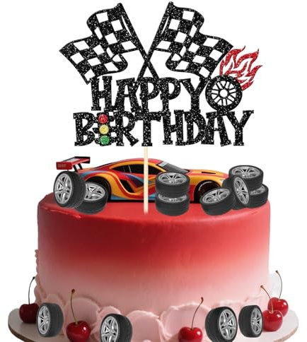 Race Car Happy Birthday Cake Topper 1 Card 4 Large Tires 8 Small Tires Perfect Racing Sports Theme Boys Birthdays