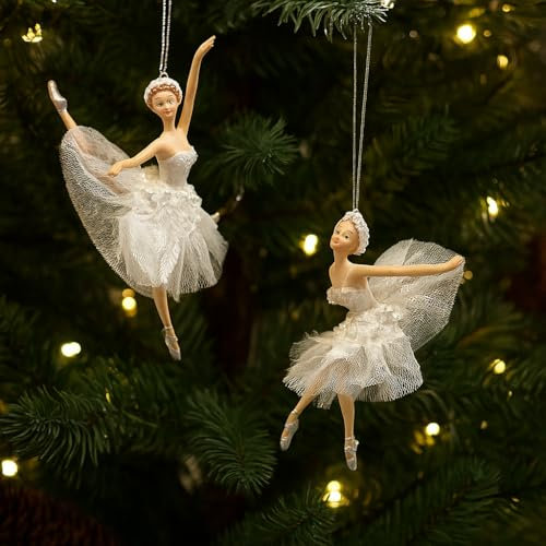 Addobbo Albero di Natale Ballerina Bianca – Decorazione Pendente con Tutu Glitter, 2 Pose Assortite Eleganti per Albero e Allestimenti 18cm - Varzi dal 1956