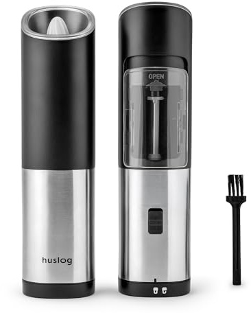 Huslog Set Macina Sale e Pepe Elettrico Gravity, Macinatura Automatica, Grossolanità Regolabile, Contenitore Spezie 85 ml, a Batteria, Uso con una Mano, Risparmio Energetico, Acciaio Inox, Argento