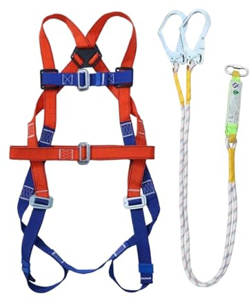 Fallschutz Auffanggurt 5-Punkt Vollkörper Auffanggeschirr mit 2M Seil und 2 Haken, Verstellbarer Absturzsicherung Sicherheitsgurt Set für Dachdecker, Industrie, Höhenarbeit