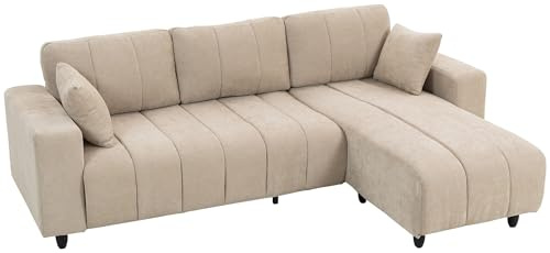 HOMCOM Ecksofa, 3 Sitzer Couch mit umkehrbarer Chaiselongue, Kissen, Sofa in L-Form, Gepolstert Eckcouch mit Leinen-Optik für Wohnzimmer, Schlafzimmer 242 x 156 x 87 cm, Beige
