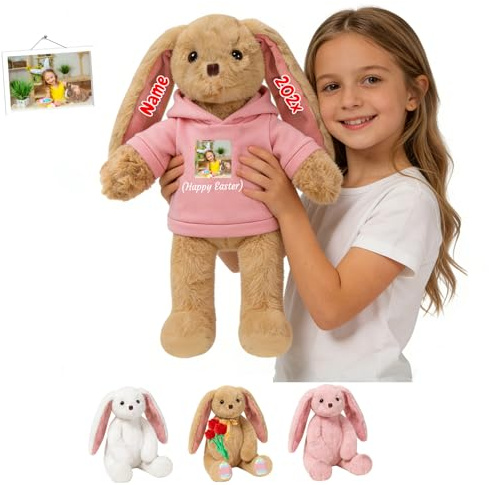 FAHOXUMR Personalisierter Großer Plüschhase Mit Foto Name, 40cm Bis 50cm Maßgeschneidertes Großer Osterhase Plüschtier Hasen Stofftier Als Erste Ostergeschenke Für Jungen Mädchen Zu Ostern