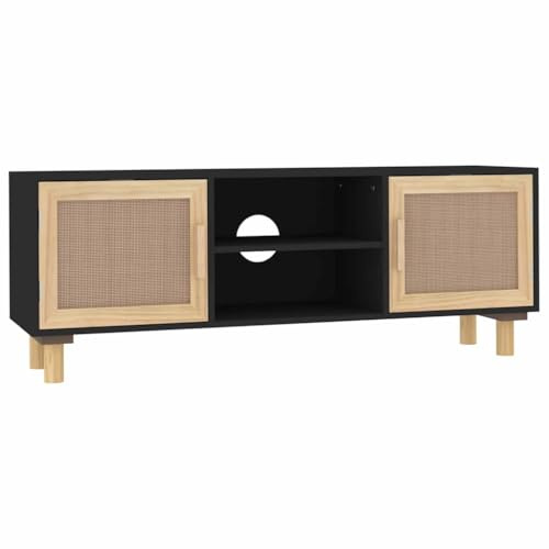 Qnhdfrt TV Lowboard Schwarz 105x30x40 cm aus Massivholz Kiefer mit Natur-Rattan Design, Fernseher Schrank mit 4 Fächern, Moderne TV Bank für Wohnzimmer Schlafzimmer Flur