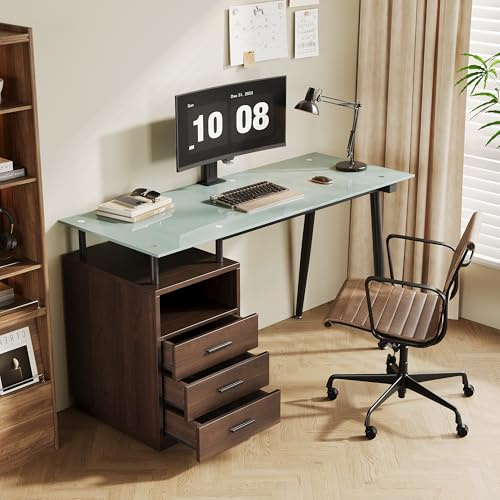 BLUON HOME Schreibtisch, Schreibtisch mit Schubladen, Eckschreibtisch, Computertisch, mit Glasplatte, Stahlrohrgestell, 3 Schubladen & Offenem Ablagefach, Gehärtetes Milchglas, 130×50×75cm (Braun)