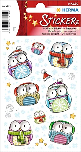 HERMA 3712 Aufkleber Eulen klein groß, 9 Stück, Wackelaugen Tiere Sticker mit lustigen Eule Vogel Motiv, Kinder Etiketten für Fotoalbum Weihnachten Winter Tagebuch Scrapbooking Geburtstag Deko Basteln