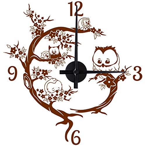 WANDKINGS Süße Eulen im Blütenbaum Wanduhr Wandtattoo (Farbe: Uhr=Schwarz, Aufkleber=Braun)