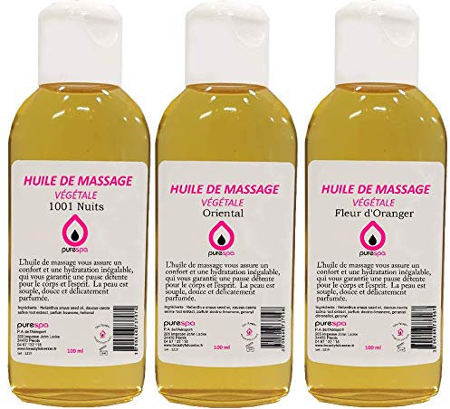 Purespa- Coffret de 3 Huiles de Massage végétale parfumée - 100% Massage Naturelle relaxante et exotique (Oriental | Oranger | 1001 Nuits - 100 ml x 3)