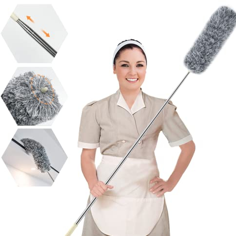 ENJSD Extendable Feather Duster,Microfiber Duster with Extra Long 100in Stainless Steel Telescopic Dusters with Scratch Resistant Cover,Perfect for Cleaning Cobweb,Ceiling Fan,Cars etc.(Grey)