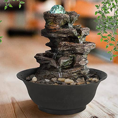 Ferrisland 4-Tier Tabletop Water Fountain with Cascading Rock Waterfall and LED Lights for Office Home Décor Brown Stone