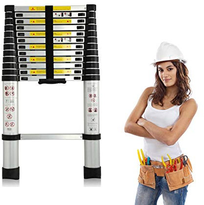 Aluminium Telescopic Ladder 3.8M/12.5FT Multi-Purpose Extension Foldable Ladders Portable Space-Saving Loft Ladder, Max Loading Weight 150kg/330lb, EN 131 Certificate