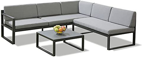 Garden Store Direct Sydney Aluminium Large Corner Lounge Set w/Textured Glass Coffee Table. Convertable Into Sunlounger. Ready Assembeled, Unpack & Enjoy!