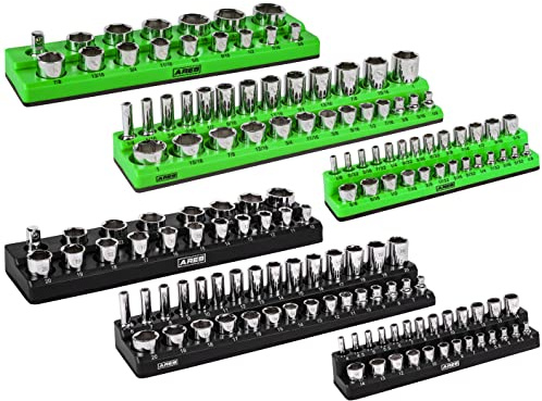 ARES 60160-teiliges magnetisches Steckschlüssel-Organizer, metrisches und SAE-Set, schwarz und grün, 1/4 Zoll, 3/8 Zoll, 1/2 Zoll Steckschlüsselhalter, 143 Stück Standard-Stecknüsse (flach) und tiefe