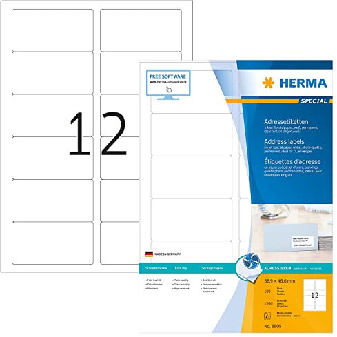 HERMA 8805 Adressetiketten für Inkjet Drucker, 1400 Blatt, 88,9 x 46,6 mm, 12 pro A4 Bogen, 16800 Stück, selbstklebend, bedruckbar, matt, blanko Adressaufkleber Etiketten für Tintenstrahldrucker, weiß