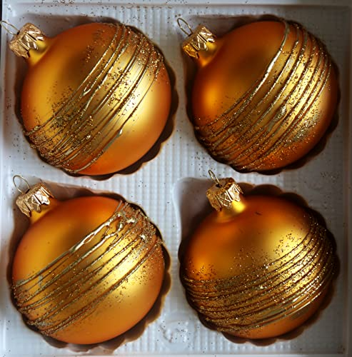 Matt orangene Weihnachtskugeln aus Glas mit goldenen Glitzerapplikationen - Durchmesser 8 cm 4er Set