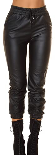 Koucla Stylo Leder Look High Waist Thermo Jogger Hose M/L, Schwarz