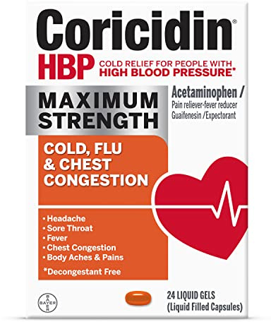 Coricidin HBP, Decongestant-Free Cold Symptom Relief for People with High Blood Pressure, Maximum Strength, Flu & Chest Congestion Liquid Gels, 24 Count