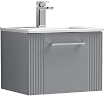 nuie DPF291B Deco Modern Bathroom Wall Hung 1 Drawer Part Fluted Vanity Basin Unit with Minimalist Ceramic Basin, 500mm, Satin Grey