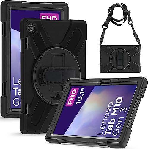 Gerutek Cover per Lenovo Tab M10 3rd Generazione 10.1 pollici 2022, Custodia per Lenovo M10 3rd Generazione con supporto girevole a 360 gradi, tracolla per Lenovo Tab M10 3rd gen, Nero