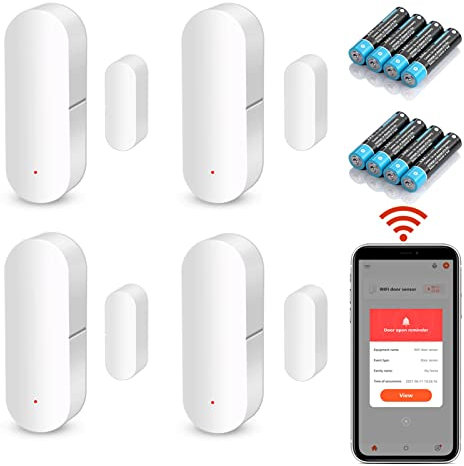 WiFi Smart Door Sensor, Wireless Door Window Detector with 2 Batteries, Smart Gateway Door Contact Sensor for Home Security Compatible with Alexa/Google Assistant, No Hub Required, 4 Pack
