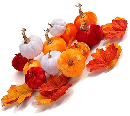 12PCS Herbst Deko, Halloween Kürbis Set, Künstliche Kürbisse Deko, Samt Plastik kürbis Mini mit 24 Pcs künstliche Ahornblätter